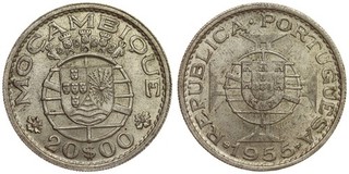 Mozambique 20 Escudos 1955 Silver Colonial coin