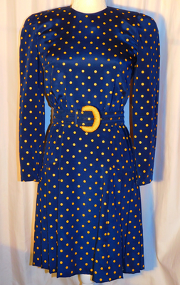 Vtg. Carolina Herrera Blue & Gold Dotted Pleated LS Silk Dress with Belt  Size 4 | eBay