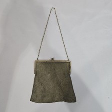 Antique Metal Mesh Purse Blue Cabochon Kiss Clasp Gold Tone Chain Flapper Evenin