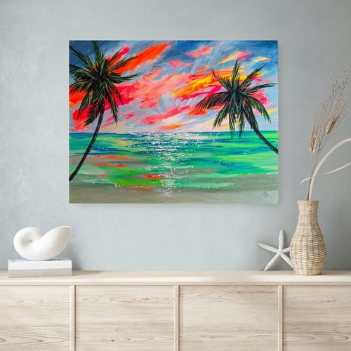 Original Painting On Canvas. Sunset Beach Art. Palm Trees. Island ...
