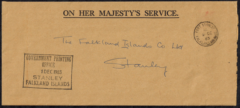 Falkland Islands 1983 OHMS Cover to FIC Co LTD w/ GOVT. PRINTING OFFICE H/S Box