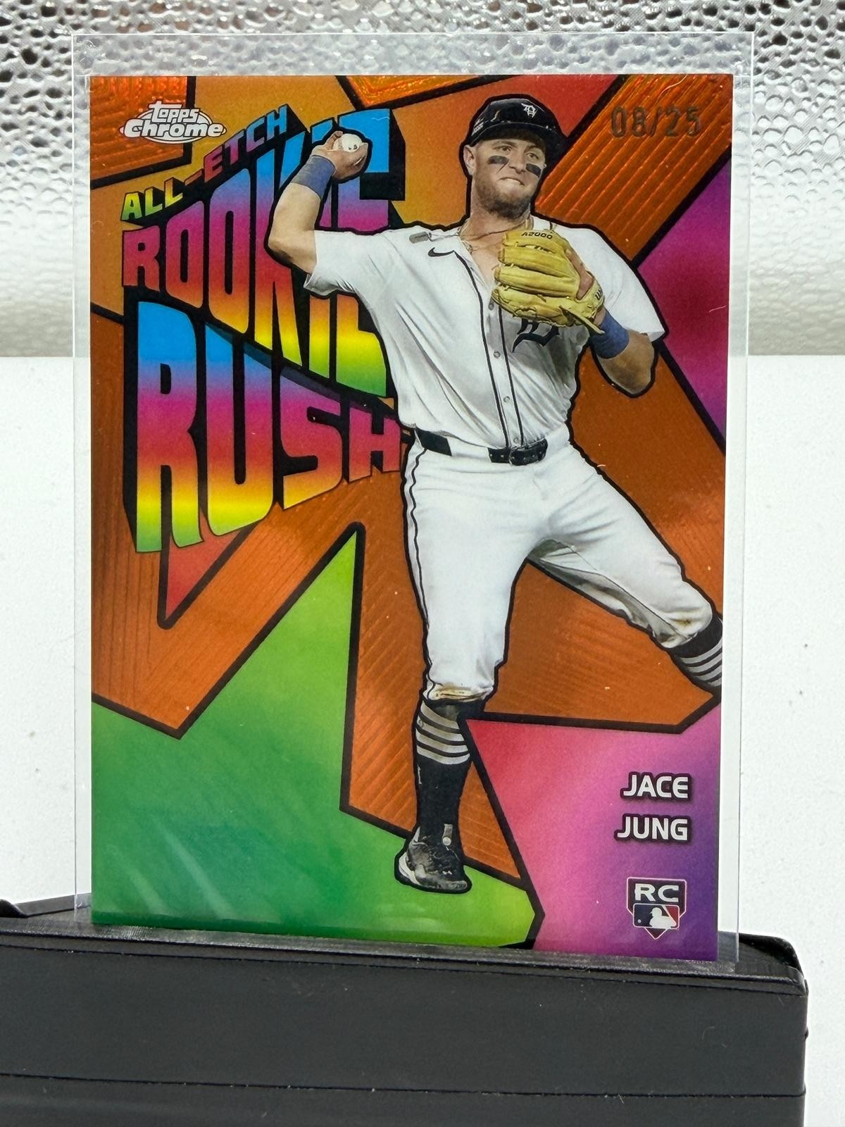 2025 Topps Chrome #CERR-4 Jace Jung Chrome All-Etch Rookie Rush Orange Refr #/25