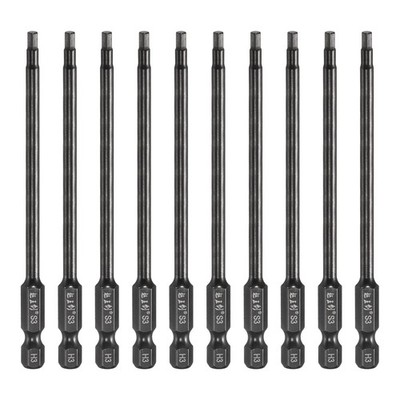 10pcs 3mm Metric Hex Head Wrench Drill Bit 100mm Length Magnetic Bits, Black