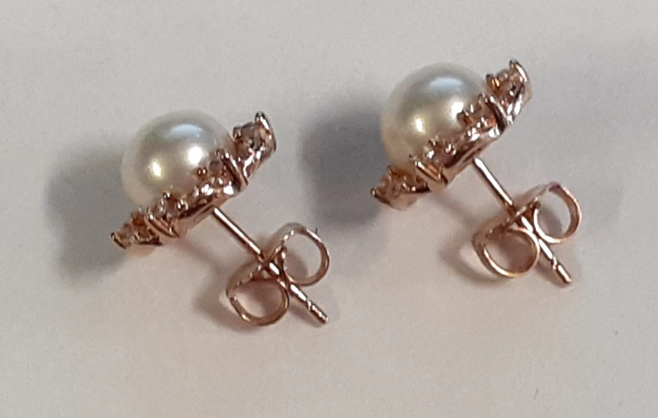 (RI4) Pendientes de perlas de diamantes de oro rosa de 10 k para mujer (,19 CTW) 2,6 gramos Foto 4 de 4