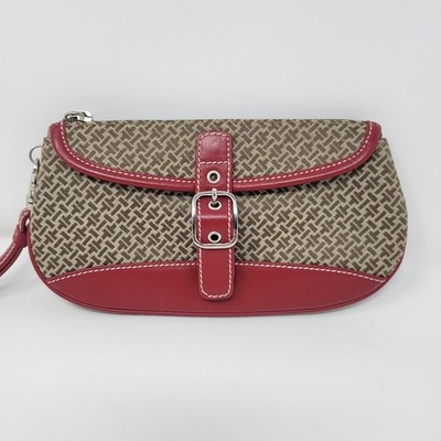 Talbots Brown Beige Monogram Wristlet Clutch Red Leather Trim Zip Bag