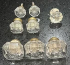 ANTIQUE Pressed Glass Brass Knobs ~ Octagon Starburst & Round Lot of 9