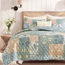 Quilt Set Queen Size, Patchwork Green Floral Quilt Sets, Reversible Bedspread Li