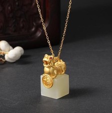 White Jade Pendant Divine Beast Square Seal Pendant 18K Gold Plated Necklace
