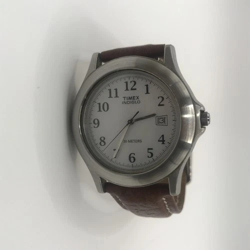 Vtg Mens Timex Indiglo Watch 35mm Brown Leather Strap and New Battery