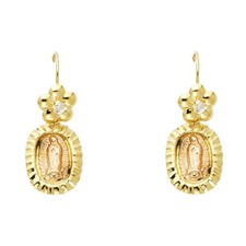 14k Yellow Gold Virgin Mary Medallion Stud High Polish Flower Studded Earrings