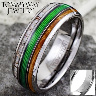 Custom Engraved Tungsten Mens Ring Blue Fishing Line-Whiskey Barrel-Deer Antler