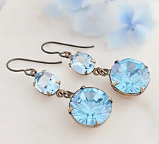 Vintage Aquamarine Blue Color Crystal Earrings, Antiqued Brass Round Drops