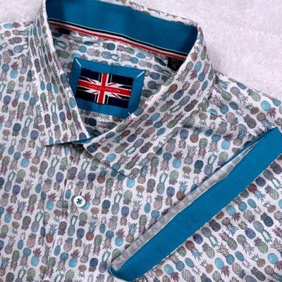 Soul of London Button Shirt Men XL White Teal Pineapple AOP Short Sleeve Stretch