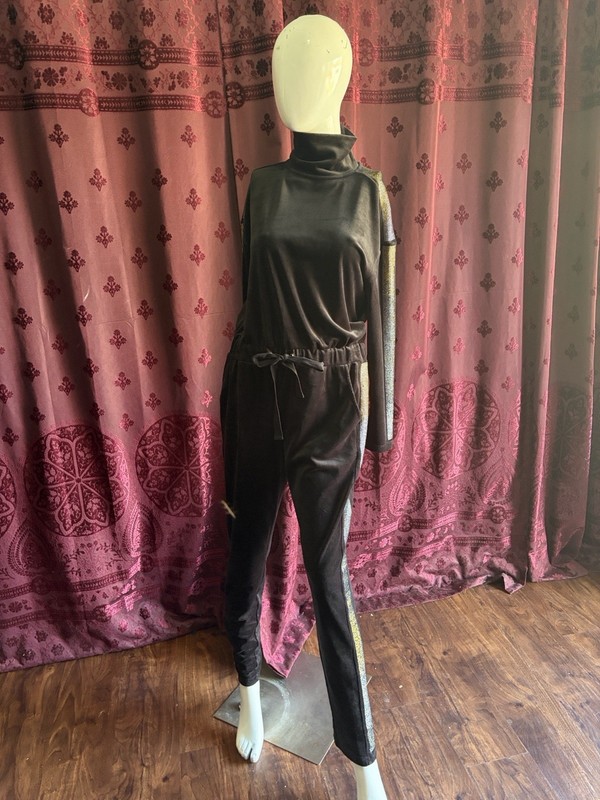 Juicy Couture 25 Limited Velour Track Jumpsuit in Black with Metallic Stripe S