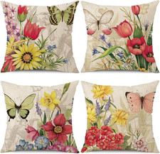 Throw Pillow Covers 18x18 Set of 4 Decorative Spring Pillow Covers Linen Flower