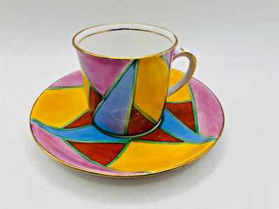 Antike J. H. Cope & Co Wellington handbemalte geometrische Harlekin Tasse & Untertasse