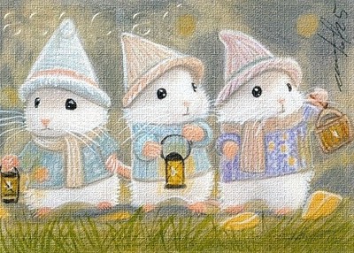 ACEO print limited edition 3 mice with lantern, white mouse by Anna Hoff