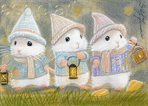 ACEO print limited edition 3 mice with lantern, white mouse by Anna Hoff