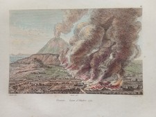 Incisione su acciaio antica acquerellata 1850 Veduta del Vesuvio Napoli Eruzione