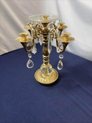 Vintage USA Villy Brass 4 Arm Candelabra with Sunflower Design Base & Crystals