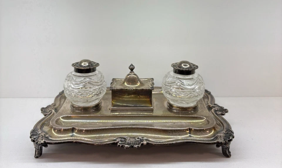 Tintero de sello enchapado en plata inglesa de la época victoriana siglo XIX Foto 2 de 4