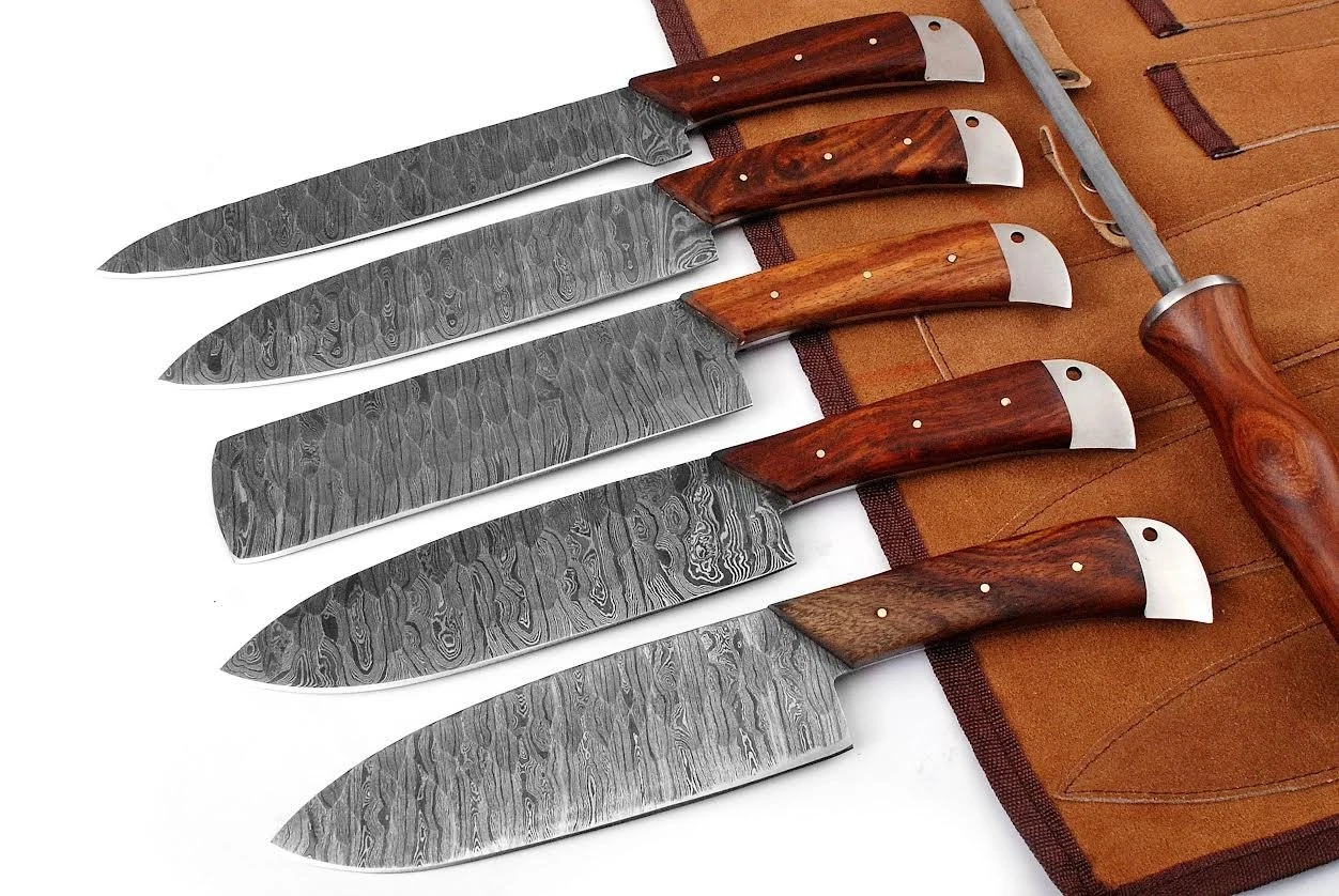6PCS Damascus Steel Chef Knife Set Kitchen Knives w/ Leather Roll Bag Wood Handl