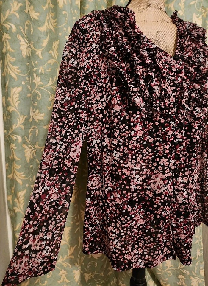 International Concepts Women's 3X Black & Pink Floral Long Sleeve Mesh