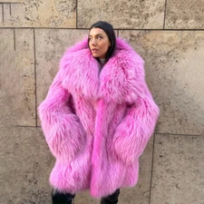Fashion New Women Real Raccoon Fur Coat Full Pelt Warm Pink Overcoat Thick Lapel