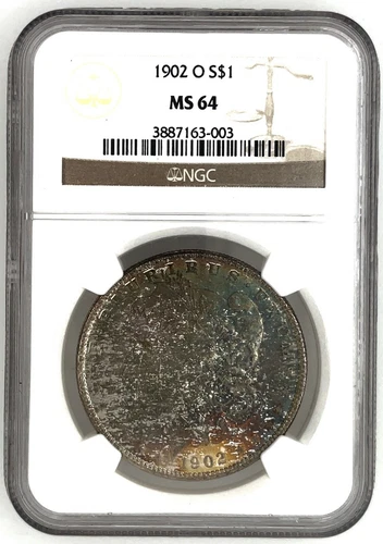 1902-O NGC MS64 MULTI COLOR TONED MORGAN SILVER DOLLAR.