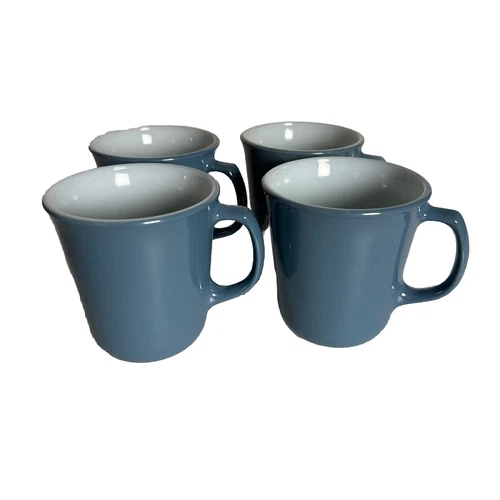 Set of 4 Pyrex Corning Coffee Mugs Slate Blue White 8oz 1982-1985 USA Vintage