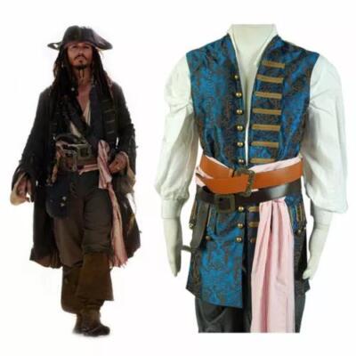 Pirates 4 Jack Sparrow Cosplay Costume Blue Vest Halloween party Disguise Suit