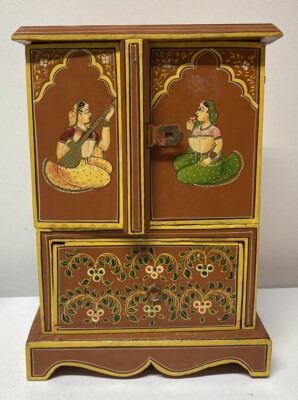 Vintage Indian Chest Cabinet Wood Jewelry Box Pictorial Bohemian Art - AS IS