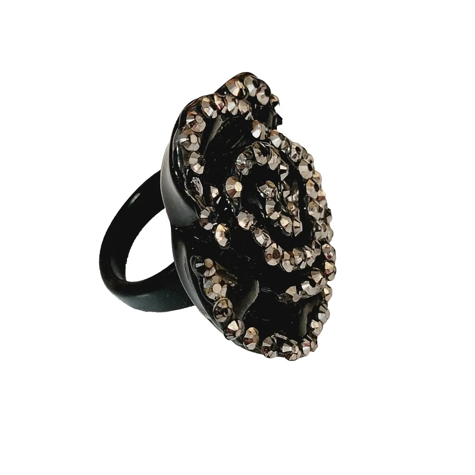 Black & Silver Rose Ring, Size 10.5 Black Lucite Chunky Floral Diva r-7 - image 3 of 4