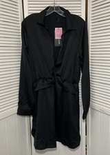 Pretty Little Thing Womens 10 Shirt Dress NWT Black Silky Long Slv Twist Front
