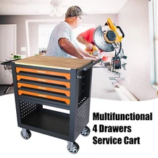 Heavy Duty Mechanics Tool Cart, 4 Drawers, WOODEN TOP Cabinet W/ WHEELS, ORANGE