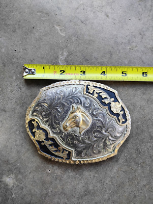 Horse Head Two Tone Ornate Western Cowboy Silver Strike Belt Buckle