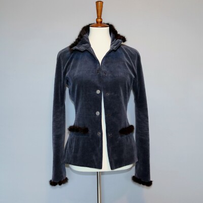 CHANEL SZ 40 Navy Corduroy Jacket Blazer Genuine Mink Fur Trim