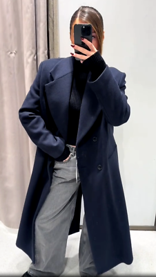 Zara Long Double-Breasted Wool Blend Coat Navy Blue Size XS M 2018
