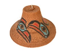 Haida Painted Cedar Bark Hat - Eagle and Raven Mid 20th Century  7" H x 14.5" D