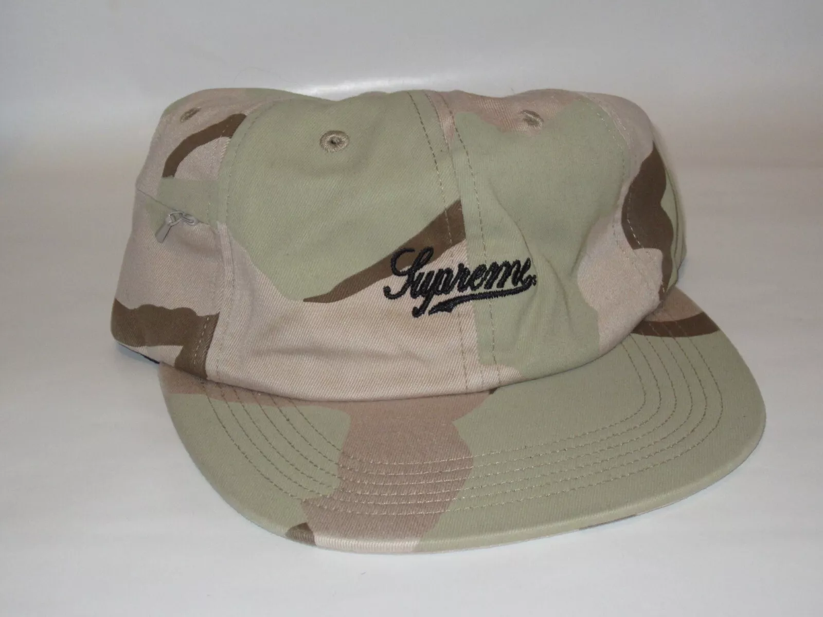 SUPREME Side Pocket Script Logo 6 panneaux chapeau casquette CAMOUFLAGE DESERT NEUF ! S/S 2018