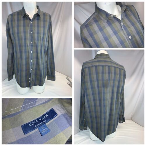 Cole Haan Grand.os Button Shirt XL Men Green Blue Plaid Cotton Nylon YGI I0-525 - Picture 1 of 12
