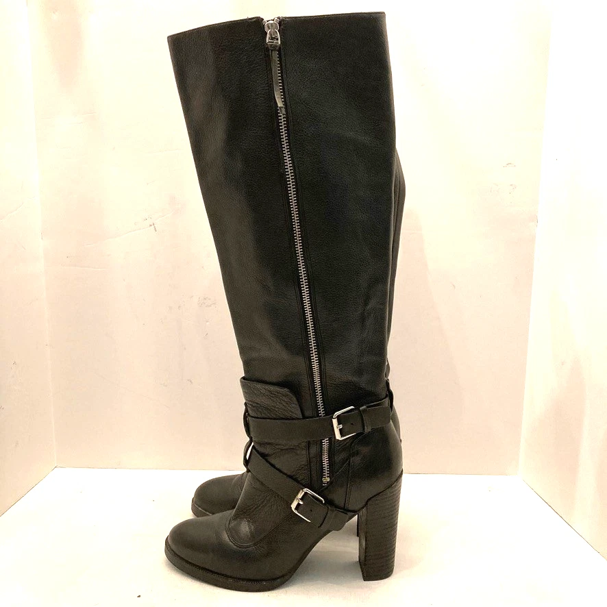 Rebecca Minkoff 靴子女式 9 M 黑色皮革摩托扣高跟鞋 14.5 英寸小腿 — 第 3/4 张图片