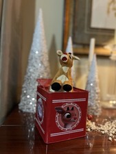 Metal jack In The Box Rudolph the red nose reindeer Vintage Toy; Musical Toy