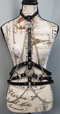 Gothic Black Faux Leather Body Harness Pentagram Chain Choker Waist Belt Womens