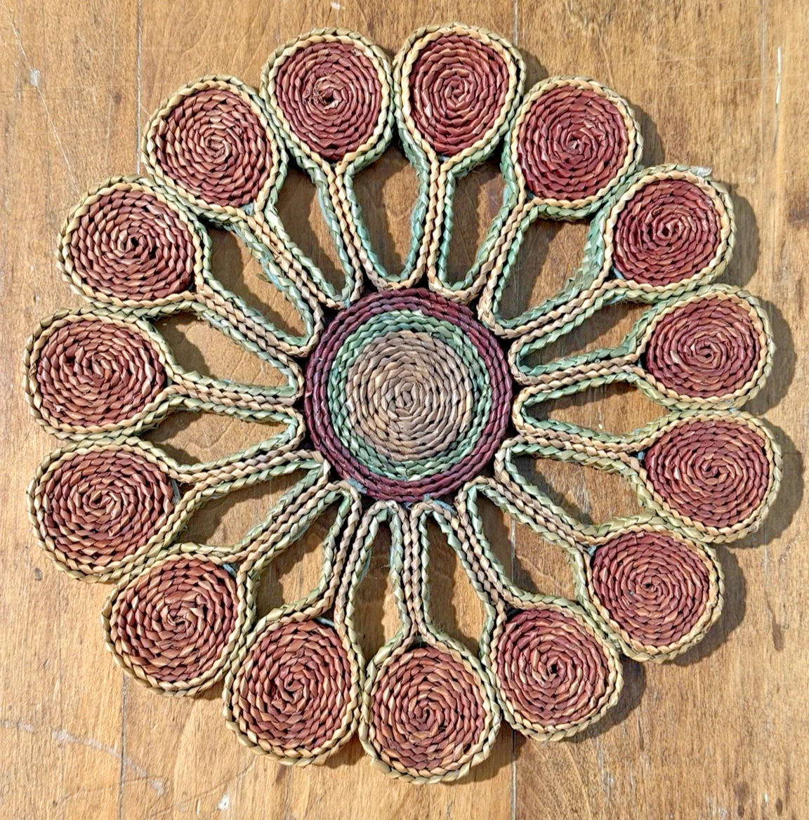 Colorful Woven Round Trivets Kitchen Raffia Hot Pads Wall Vintage Boho Set of 5 image 4