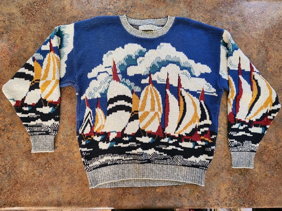 Suéter Tejido Vintage Años 90 Cruce Náutico Brillante Todo Velero Talla Grande Foto 2 de 4