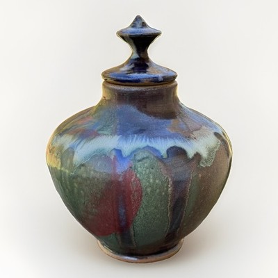 Studio Handcrafted Art Pottery Urn w/Lid Earthtones Drip Glaze Stoneware 8 