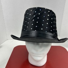 Black Felt DERBY HAT Fedora Bowler Cap Dancing Silver Polka Dot Size L About 7.5
