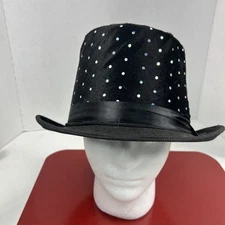 Black Felt DERBY HAT Fedora Bowler Cap Dancing Silver Polka Dot Size L About 7.5