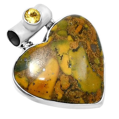 Premium Herz Bambus Jaspis & Citrin 925 Sterling Silber Anhänger Schmuck P-1300